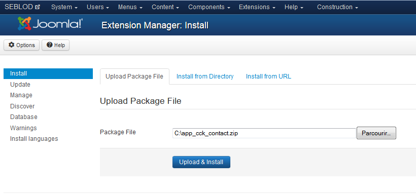 Joomla Extensions manager,